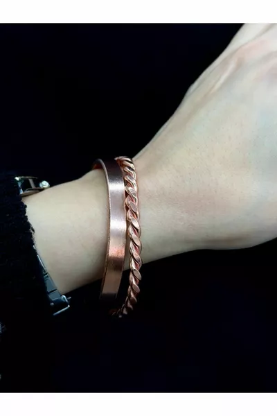 Saf Bakır Ikili Takım Çift Bilekliği Düz Model Ve Burgu Model Kombin