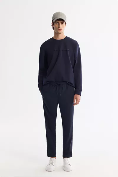 Pantalon Jogger Homme Bleu Foncé Taille Élastique avec Cordon et Bas Double, Coupe Décontractée 