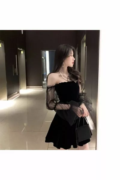 القوطية الأكمام تول التفاصيل البسيطة اللباس الأسود