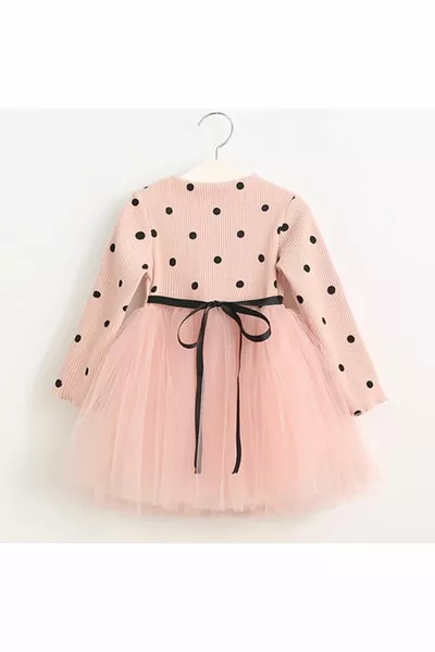 فستان ليندا للفتيات الصغيرات بأكمام طويلة، فستان أميرة منفوش بالتول منقّط ومرن بلون السلمون