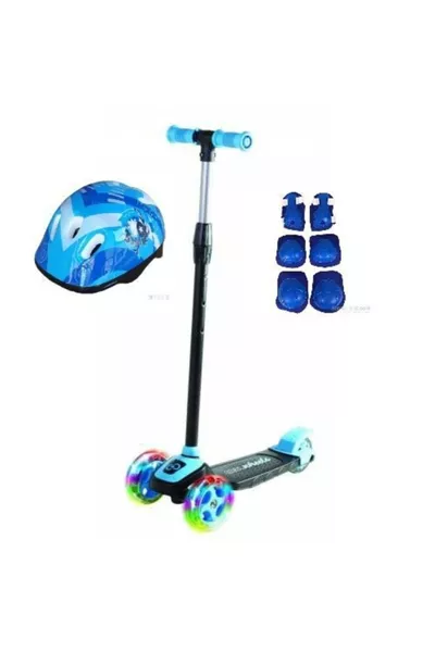 سكوتر أطفال بعجلات ثلاثية قابلة لتعديل الارتفاع مع إضاءة LED + خوذة وواقي ركب للأطفال من عمر 3 سنوات فما فوق