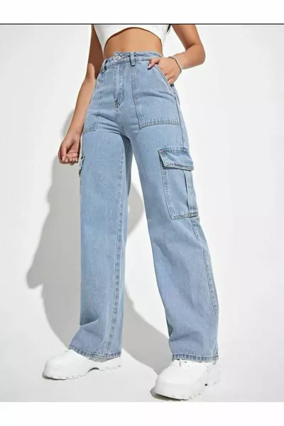 Elliza Women's Blue High-Waist Cargo Pocket Jeans Blue Snow Wash Cargo Pocket Jeans