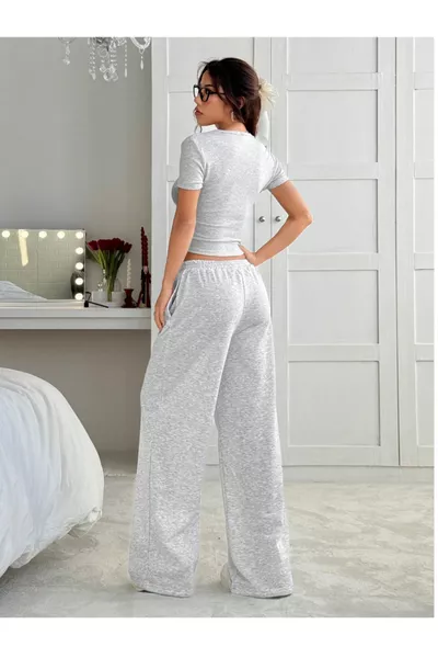 Дамски сив широк спортен панталон голям размер, качествен, свободен, еластичен и удобен, долнище за анцуг 