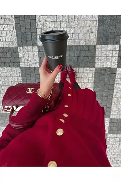 Burgundy Pleated Cardigan and Skirt Set with Gold Buttons, Suitable for XS-S Size.