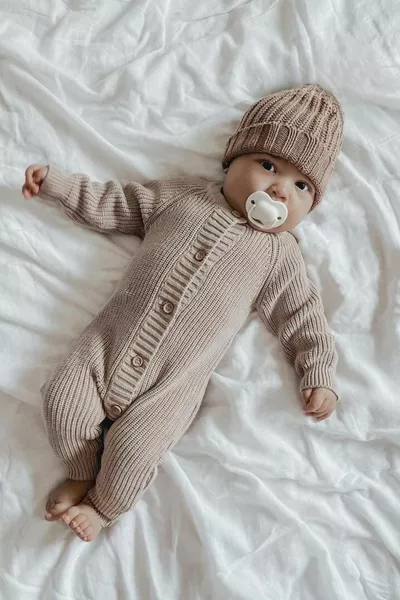 طقم حديثي الولادة الصوفية مع قبعة بكبسات للبنات/الأولاد - حليب القهوة