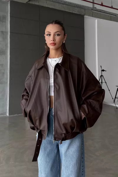 Women's Oversized Leather Jacket – Oversized Relaxed Fit, Zippered Belt Detail, Daily Women's Jacket