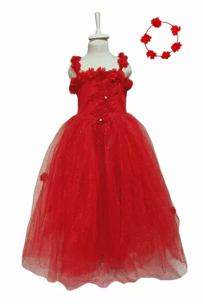 فساتين سهرة بنات الوردة الحمراء المتوجة - فساتين سهرة كريستال تول فساتين بنات خطوبة فساتين سهرة أطفال زفاف