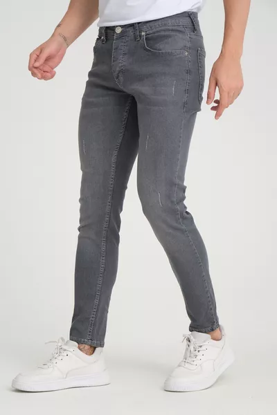 بنطلون جينز رجالي رمادي ضيق مرن -3