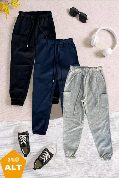3-Pack Unisex Children's Fleece-Lined Jogger Pants with Elastic Ankles in Black-Grey-Navy