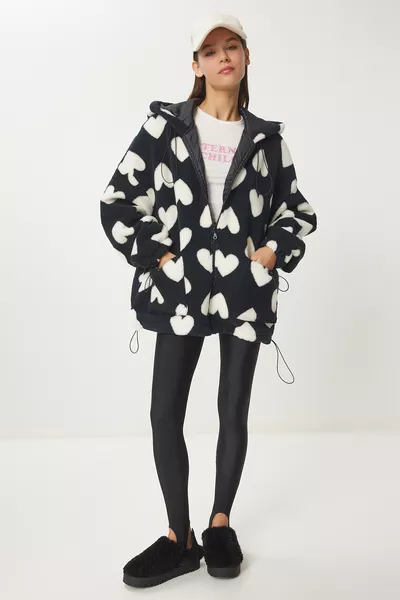 Hooded Heart Plush Jacket BLACK WHITE 