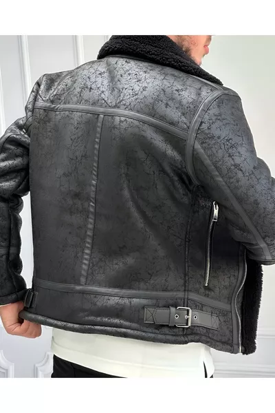 معطف جلد نابا رجالي أسود مبطن بالكامل بالفرو طراز نورث