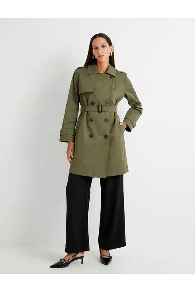 Trench Coat Double-Breasted Buttoned with Pockets and Windbreaker Details