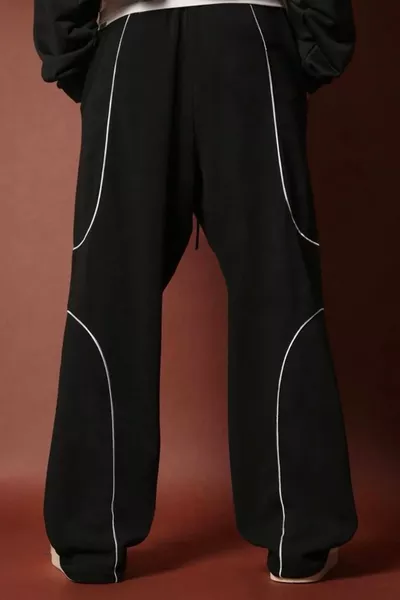 سروال رياضي رجالي أسود موسمي بجيب جانبي، قصّة واسعة، خيط مزدوج، قياس كبير