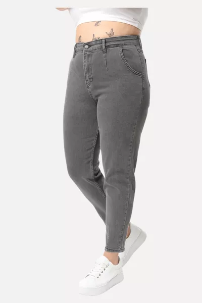 Mom Fit Jean Plus Size High Waist Carrot Cut Slim Leg Pleated Stretch Denim Pants -light gray