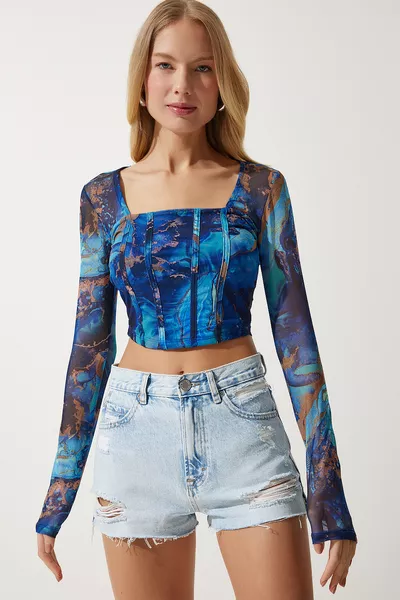 Women's Blue Patterned Crop Chiffon Blouse 