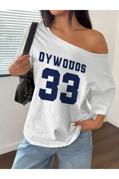 Damen T-Shirt mit Bootsausschnitt, Oversize, Aufdruck, % Baumwolle