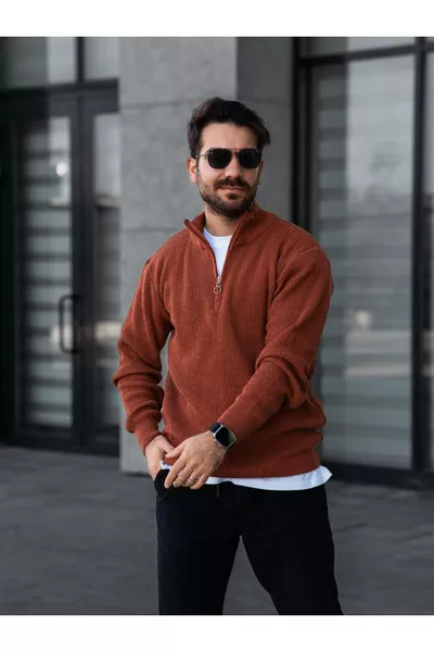 كنزة رجالية صوفية نصف بسحّاب بلون الطوب