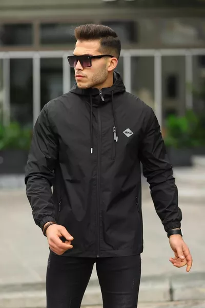 معطف مطري للرجال مبطن من الداخل مع جيوب وقبعة مقاوم للماء