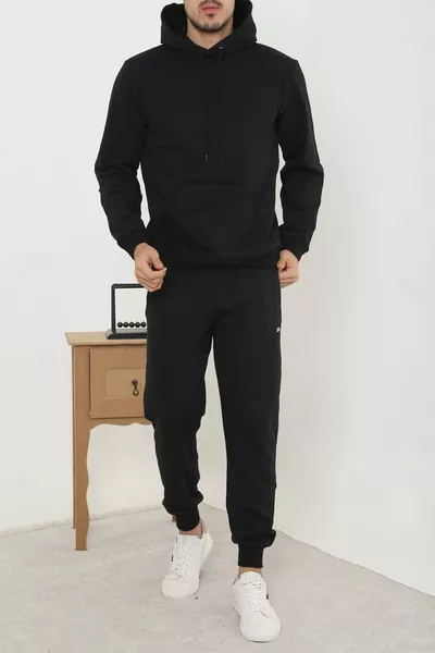Erkek Siyah 3 Iplik Kalın Kumaş Cepli Kapüşonlu Eşofman Takım