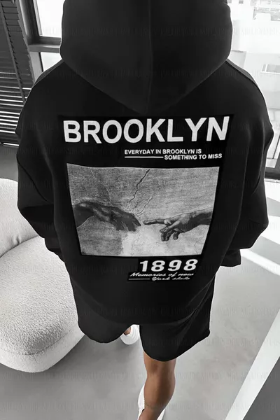 Мужская черная худи оверсайз с капюшоном, принт , трехниточная, с начесом, свободного кроя