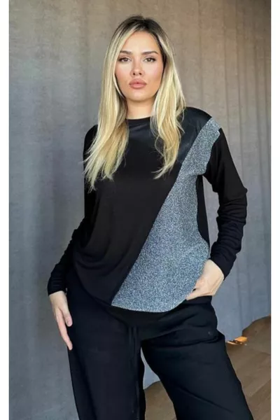 Kadın Önü Simli Deri Detaylı Şık Bluz