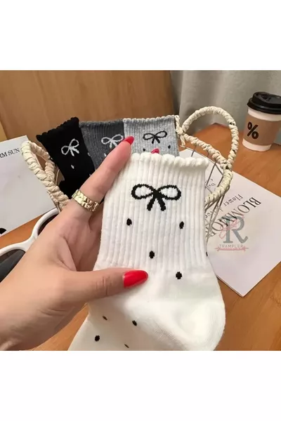 4 paia di calze da donna con fiocco a pois, calze college da donna