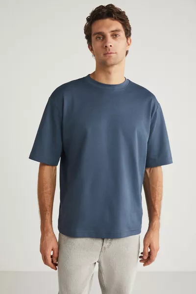Joel Men's % Organic Cotton Thick Fabric Special Textured Label Detail Oversize Indigo T-shirt