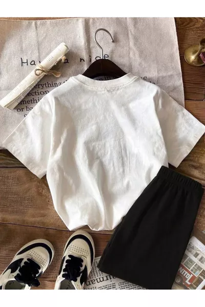 Girl's White T-Shirt with Cherry Print and Black Shorts Set