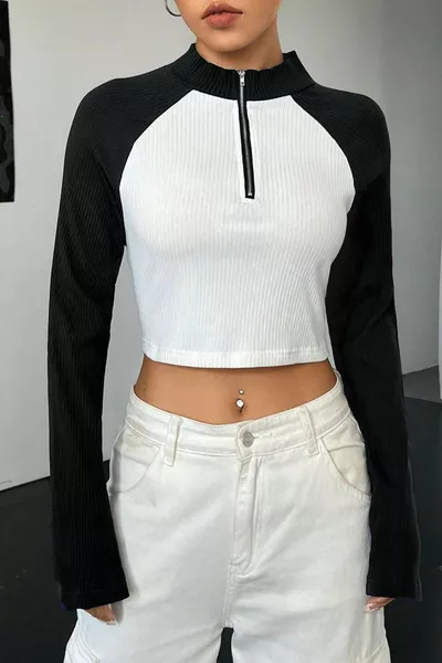 Kadın Siyah Beyaz Kaşkorse Kumaş Reglan Kol Fermuarlı Dik Yaka Crop Bluz