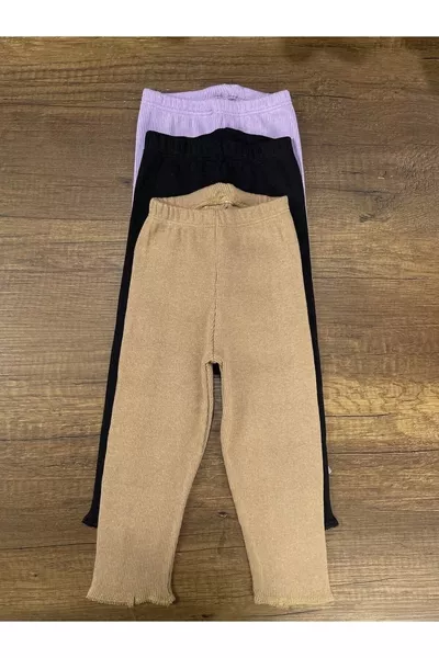 Fun Kids Leggings Invernali per Ragazze 3 Pezzi Nero - Lilla - Marrone Elasticizzati