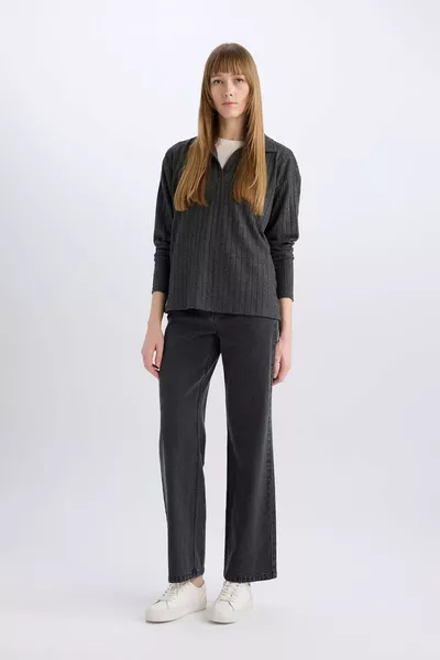 Relaxed Fit Polo Kraag Geribd Kaşmir Langarm T-shirt AU