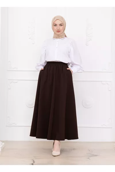 Brown Double Skirt with Elastic Waist and Pockets