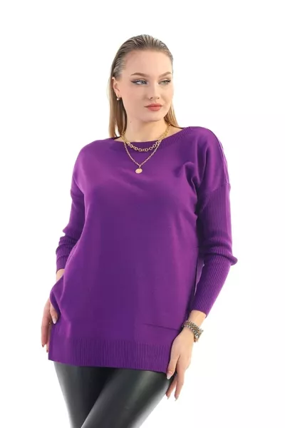 Женская трикотажная блузка с фиолетовым вырезом, боковыми карманами, эластичная, мягкая на ощупь