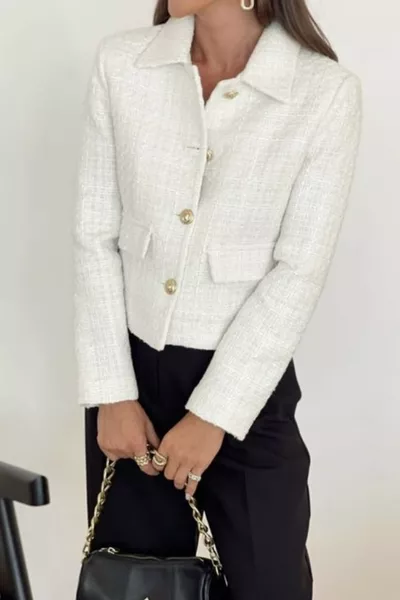 Women's White Tweed Fabric Lined Short Jacket