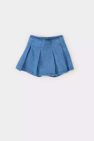 طقم بنت صغير مكون من 3 قطع: قميص طويل الأكمام بياقة بيبي، شورت جينز بخصر مطاطي، تنورة، جوارب بكولوت