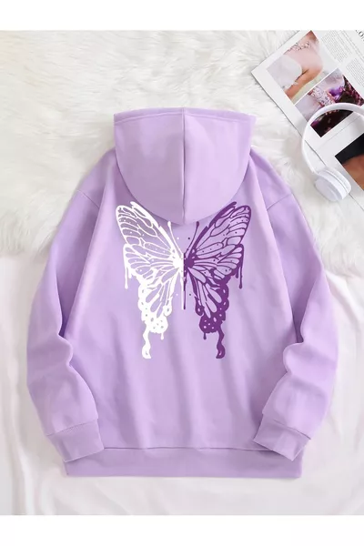Дамски оувърсайз суитшърт с качулка и принт на пеперуди