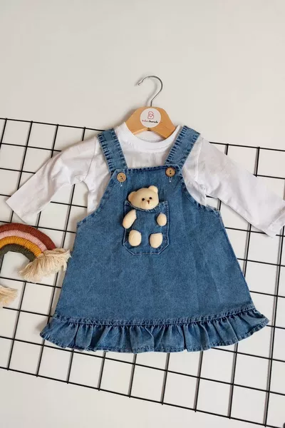 فستان جينز طويل الأكمام لطفلة ببيبي دمية دب