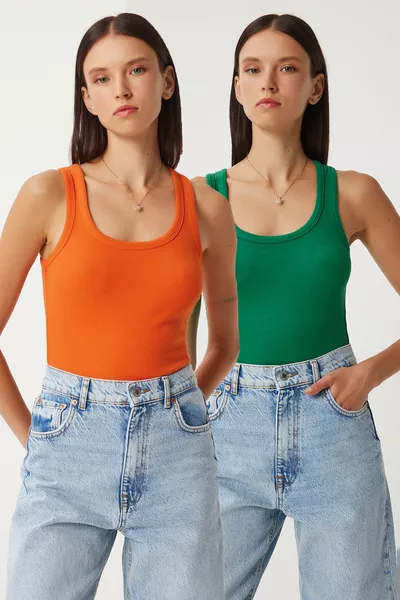 2-delige Gebreide Top met Brede Bandjes GROEN ORANJE 