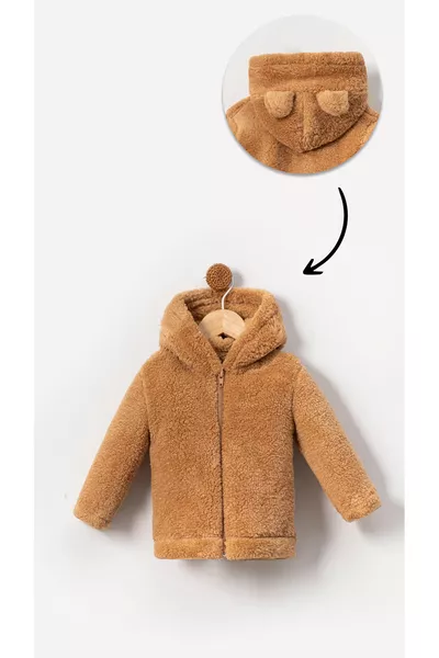 Zippered Hooded Baby Plush Welsoft Winter Cardigan - Brown