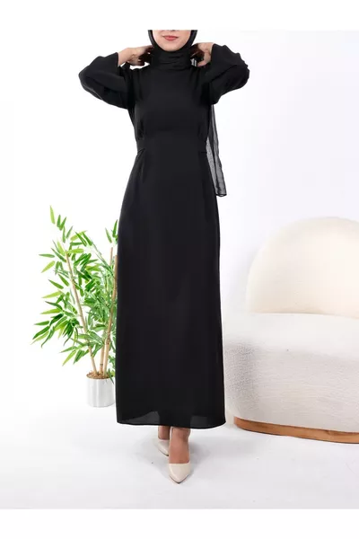 فستان بقبة عالية ورباط عند الخصر - أسود