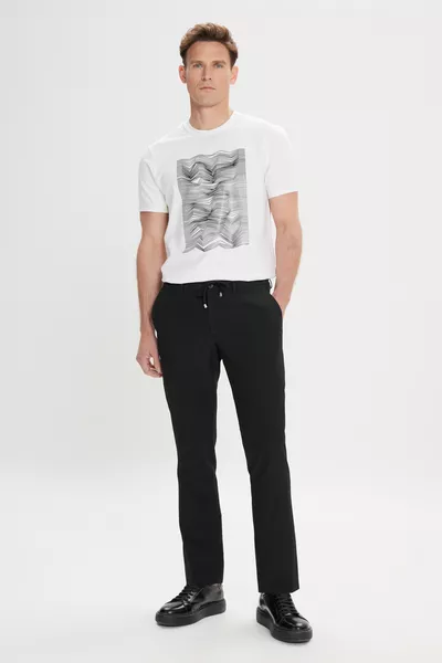 Men's Black Slim Fit Narrow Cut Trousers with Tie Waist and Side Pockets, Waffle Pattern