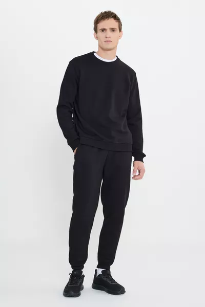 طقم رياضي رجالي أسود من القطن بسماكة ثلاث خيوط مبطن من الداخل بالفيسكوز دافئ، بمقاس قياسي، بسحّاب، قطعة علوية وسفلية مزدوجة