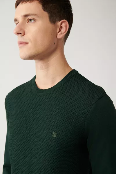 سترة صوف قطنية رجالية بياقة دائرية خضراء 