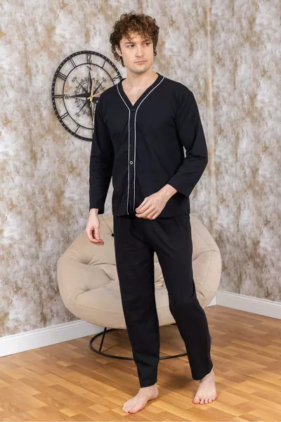 طقم بيجامة رجالي بأزرار كاملة من القطن عالي الجودة 