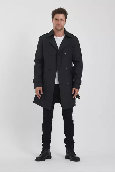 Trench-coat homme noir à col croisé avec ceinture, coupe slim