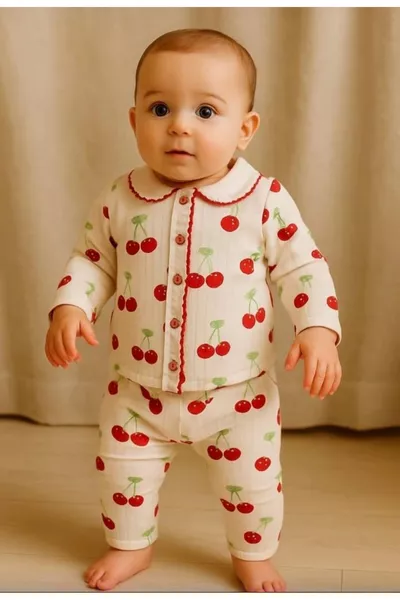 طقم بيجامة للفتيات الصغيرات من القطن العضوي مخطط بكرتون الكرز، يتكون من قطعتين، علوي وسفلي