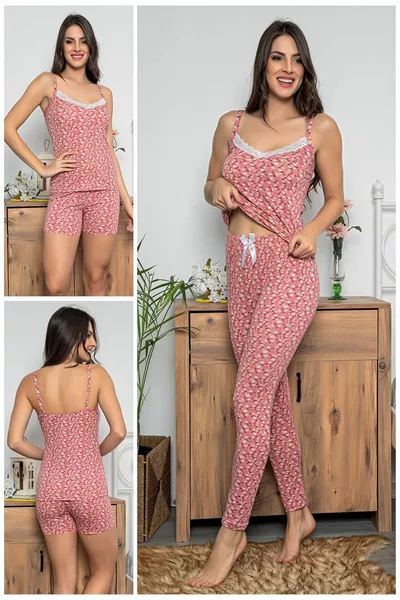 Set Pigiama Donna con Shorts e Leggings in Pizzo Rosa 3 Pezzi 