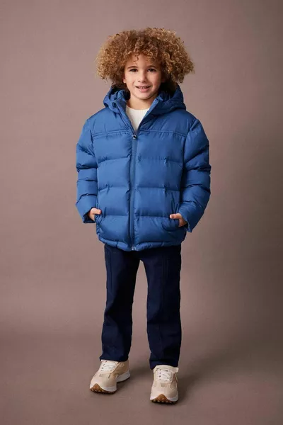Boys' Water-Repellent Hooded Puffer Jacket Navy Blue