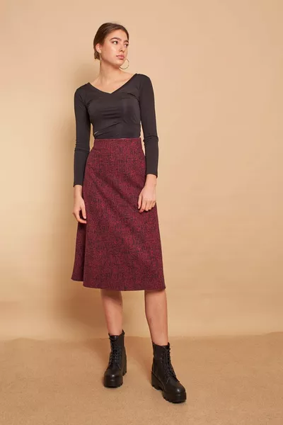 تنورة نسائية طويلة عالية الخصر من الصوف الشتوي بجاكار خفيف مع ليكرا - لون خمري مائل للرمادي