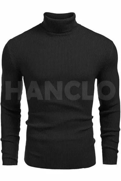 كنزة رجالية بأكمام طويلة وياقة عالية باللون الأسود